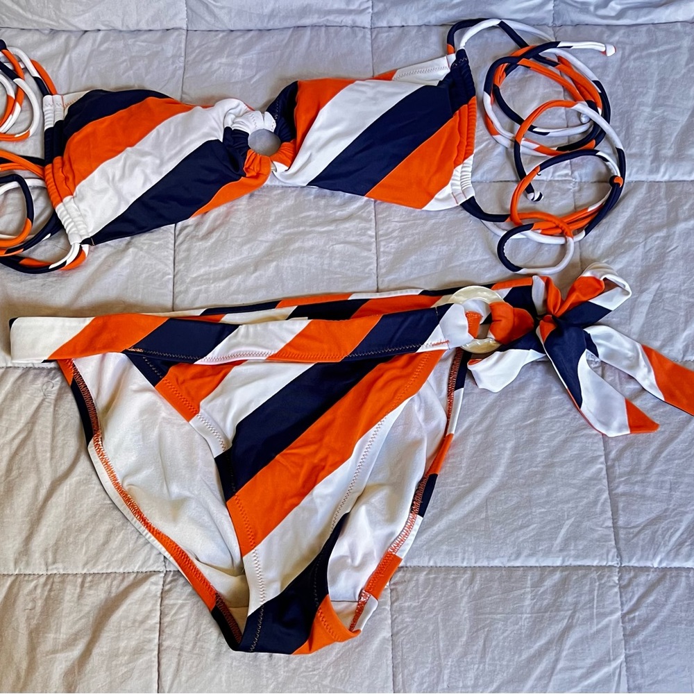 Victoria’s Secret Tri-Colored Orange/Blue/White Striped Tie Top Bikini